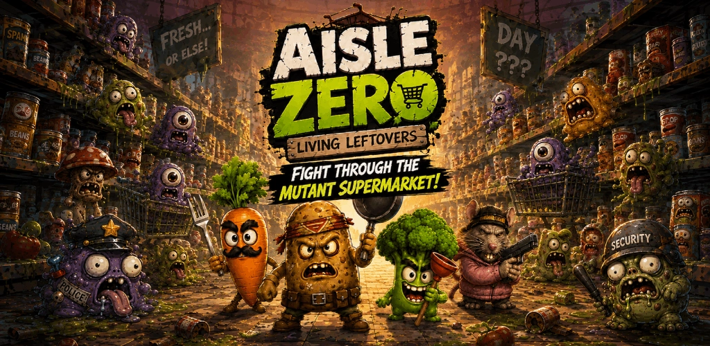 Aisle Zero: Living Leftovers key art — living food heroes facing the horde in a wrecked supermarket aisle